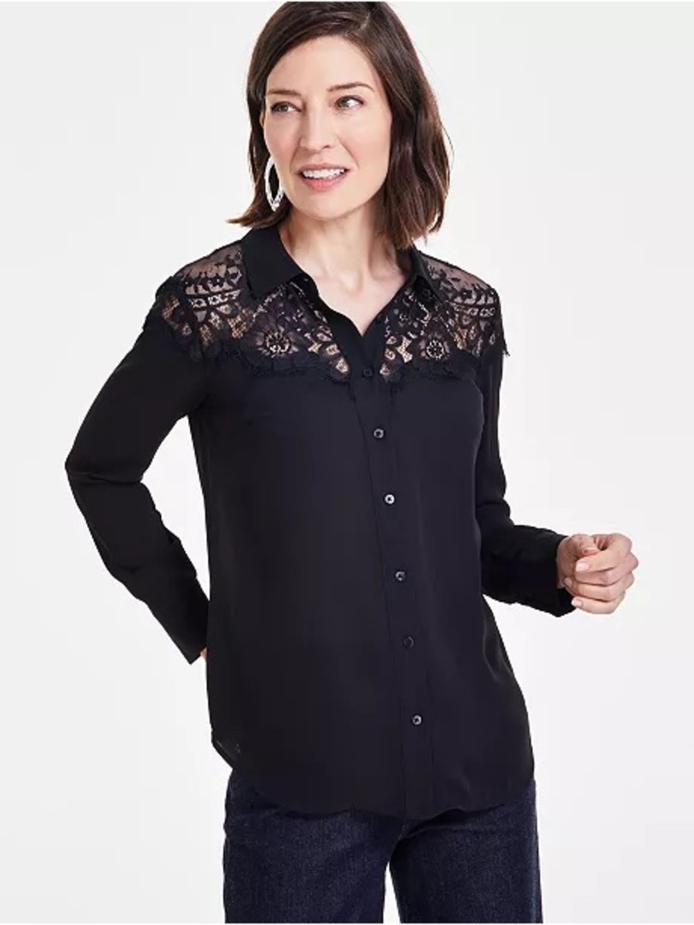 Lace Button-Front Women's Blouse - Black BNWT